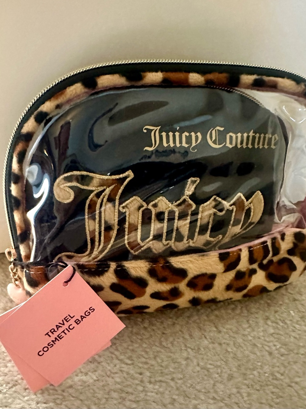 Juicy Couture Black and Leopard Print Clear Travel Cosmetic Bag 3 Piece Set
